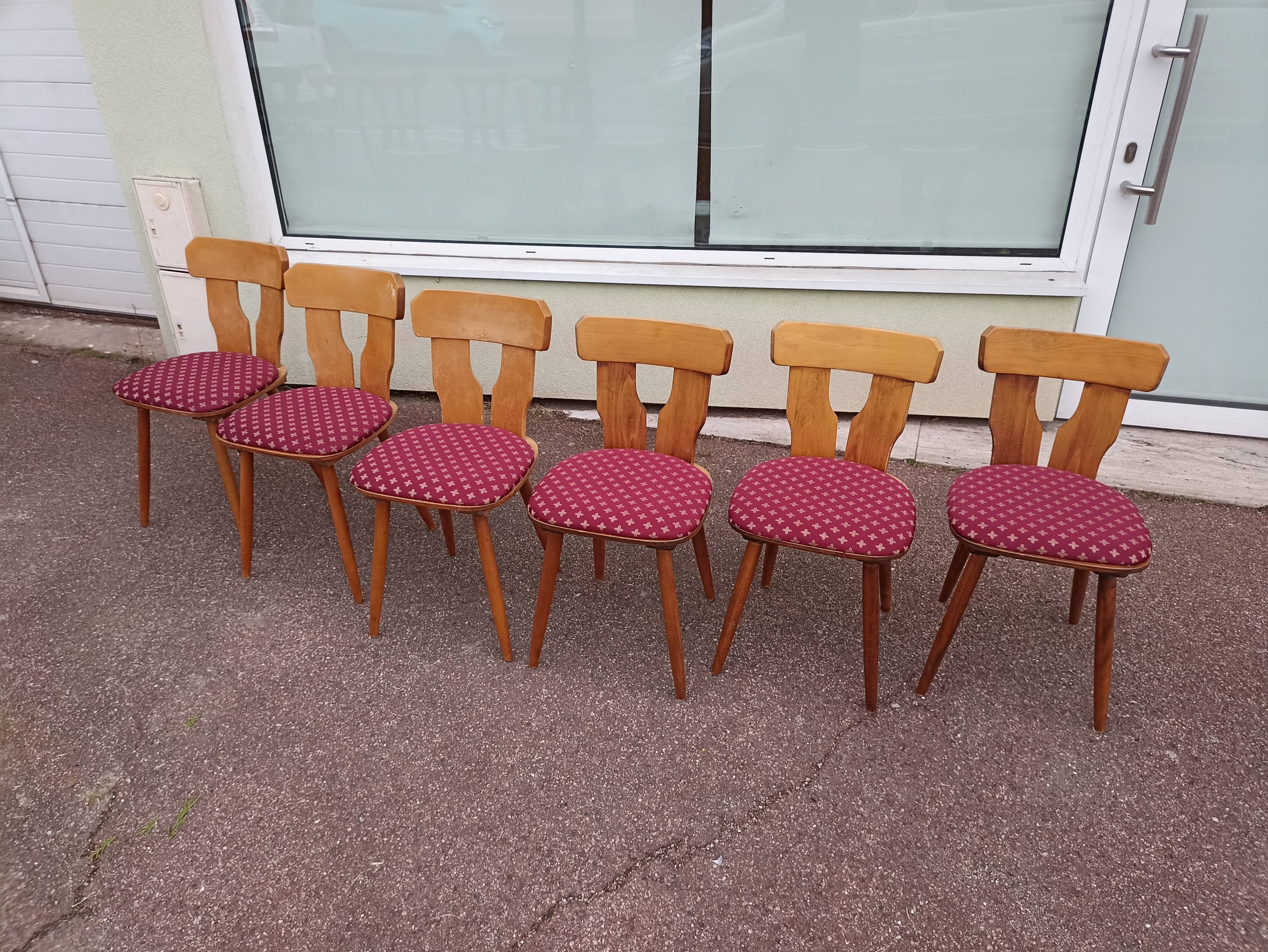 Set of 6 wooden bistro chairs with vintage cushion from the 70s/80s/90s