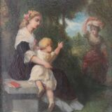 Jean-Baptiste Fouque (1819 - 1880) "Stroll in the Garden" oil on panel