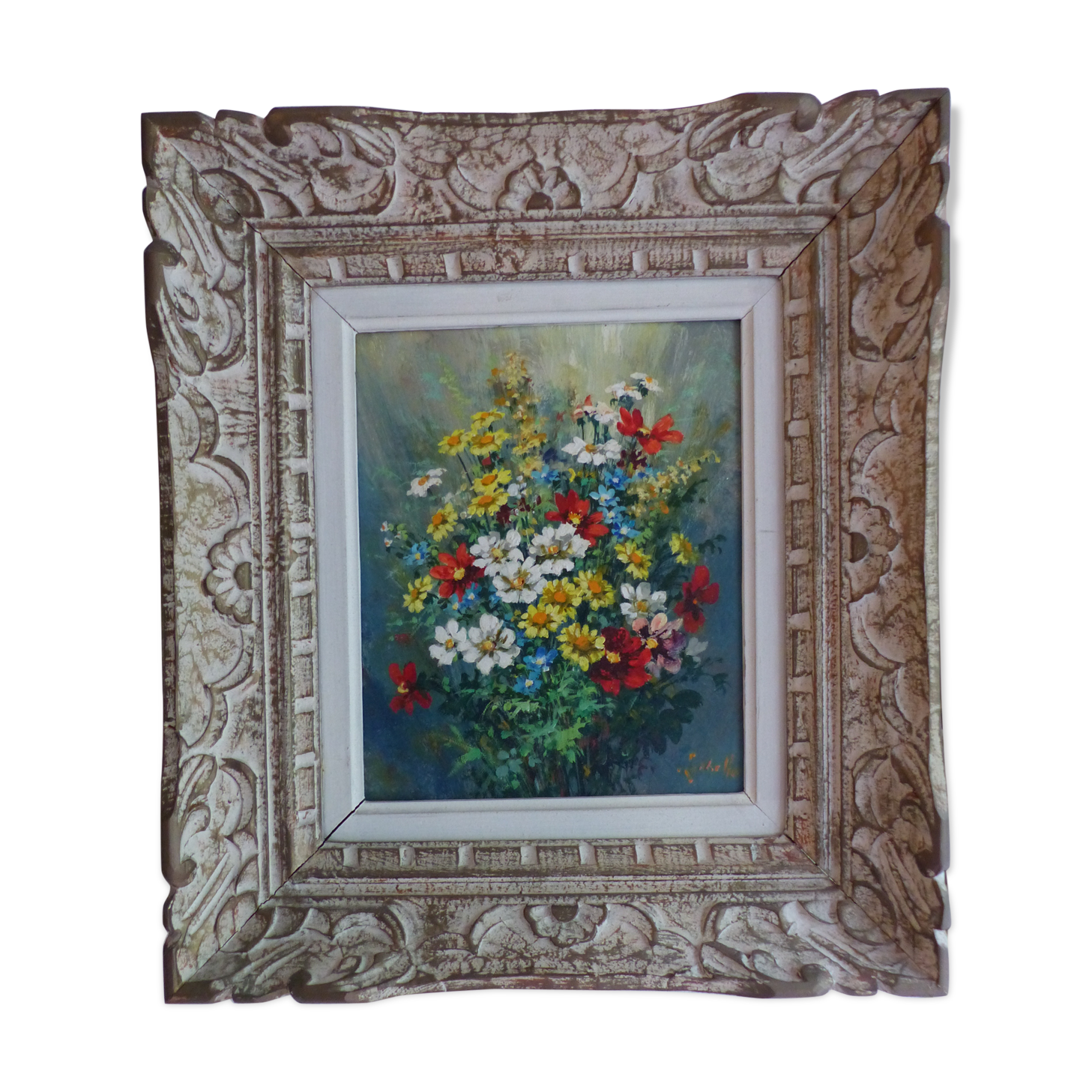 Tableau bouquet de fleurs, huile sur isorel