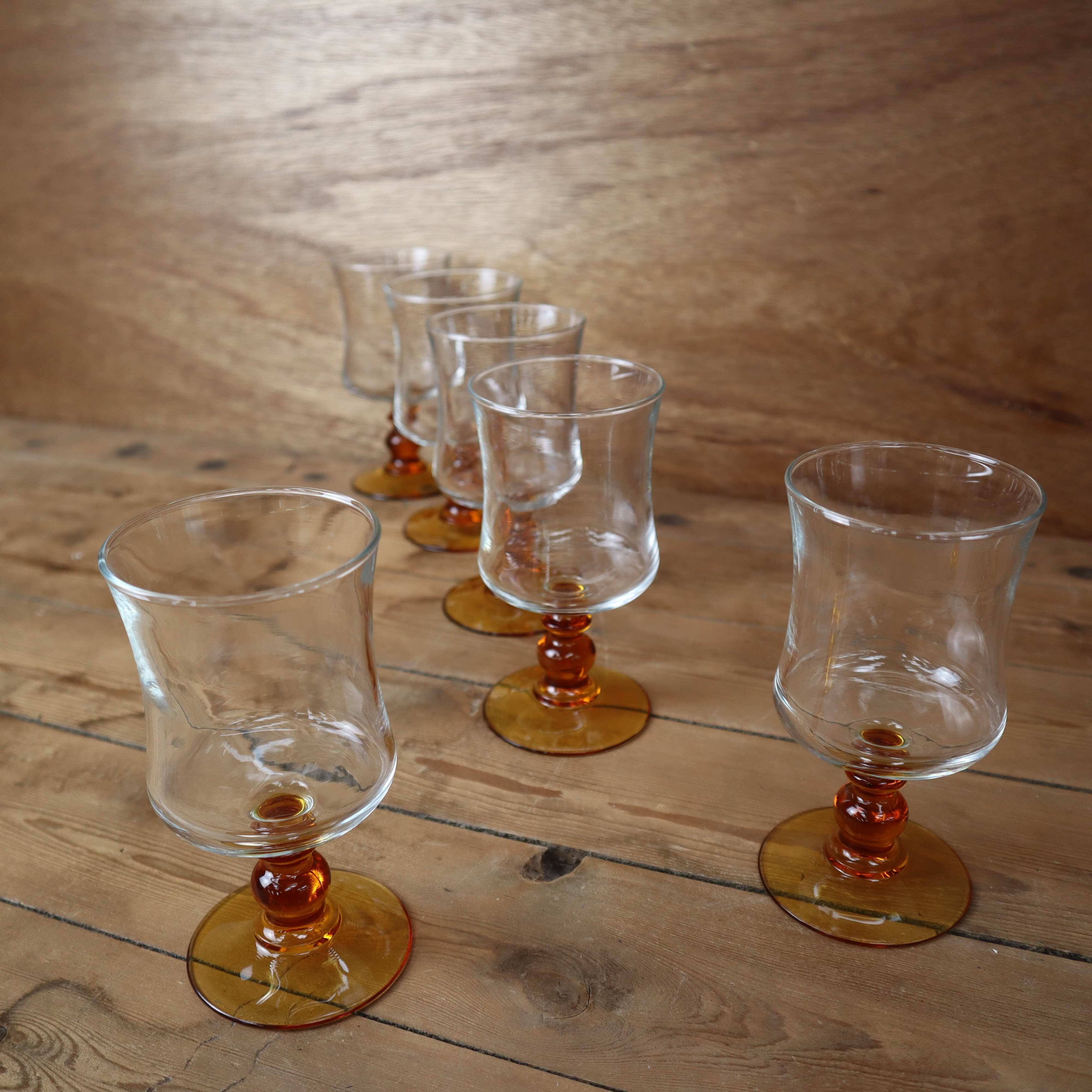 6 Luminarc "Antique" amber-stemmed water glasses