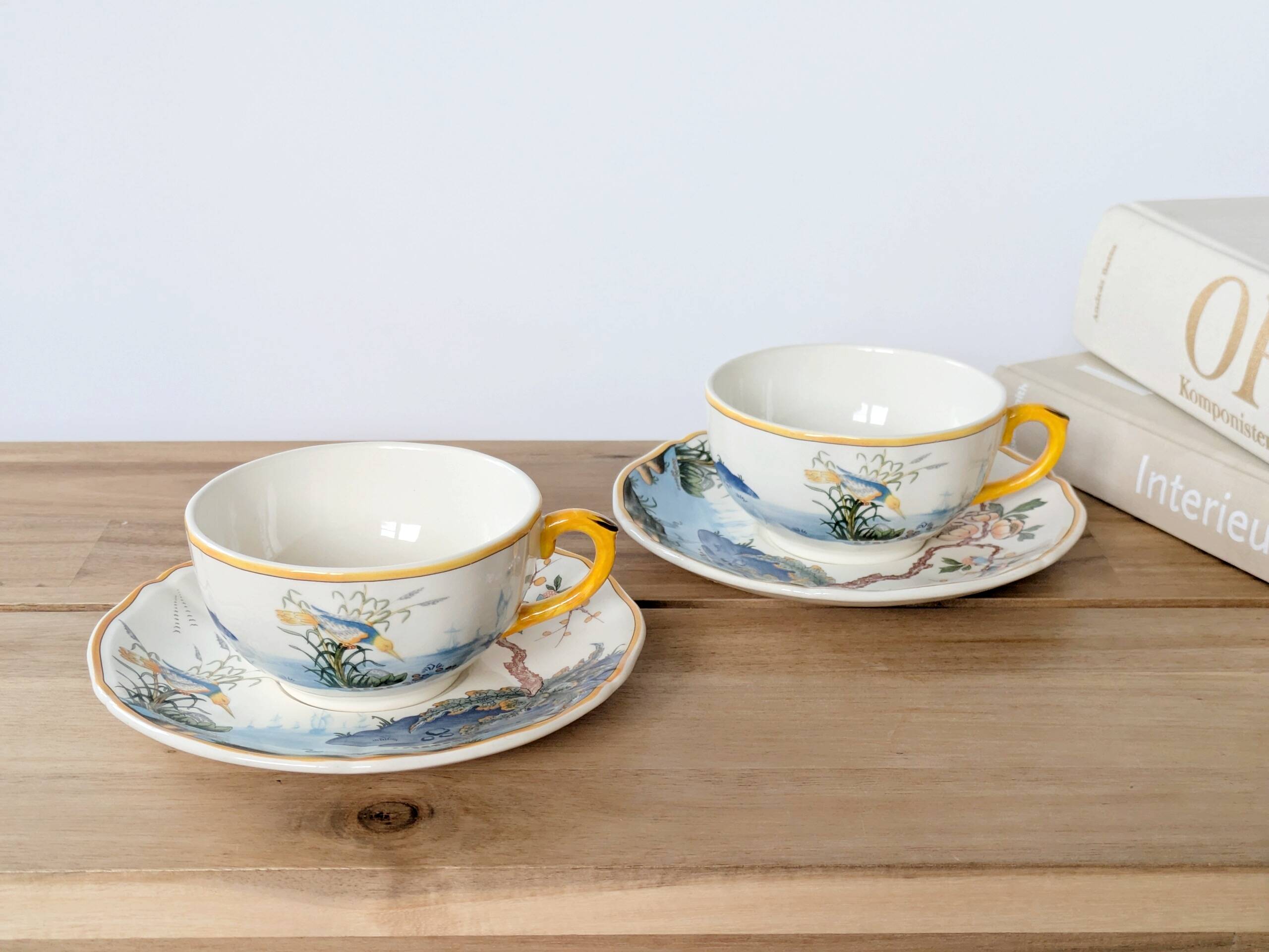 Set of 2 Gien Magellan "Caribbean" cups and saucers, vintage earthenware