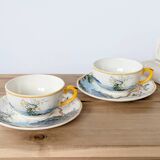 Set of 2 Gien Magellan "Caribbean" cups and saucers, vintage earthenware