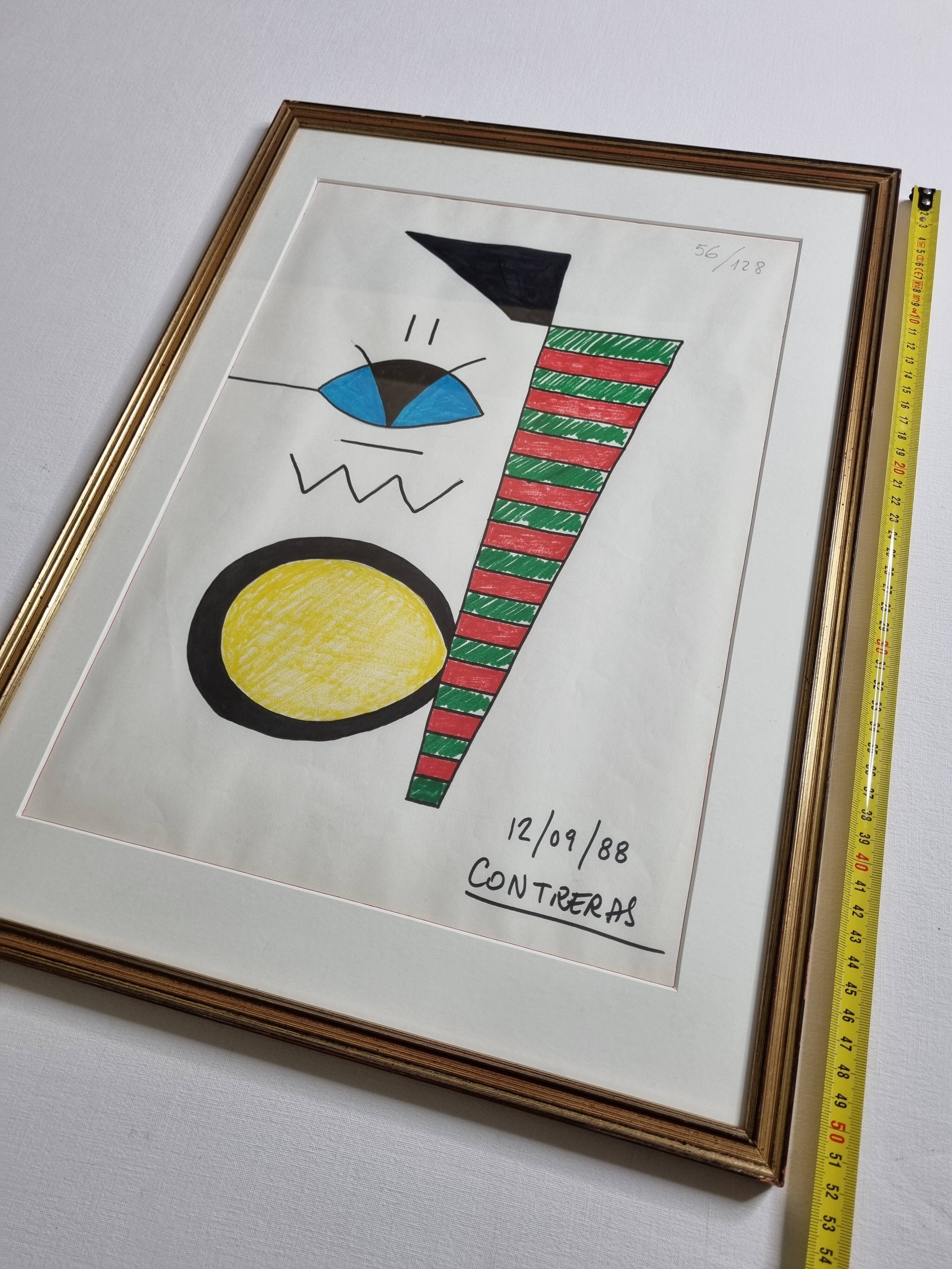 Abstract composition, original drawing signed Contreras, 1980s, 32 x 42 cm framed under glass
