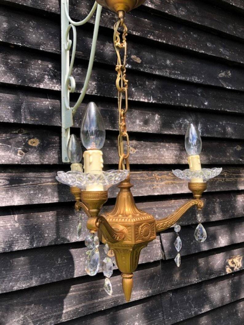 Gilt French Chandelier: Neo Classical 3-Branch Crystal Pendant Light