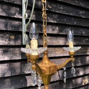 Gilt French Chandelier: Neo Classical 3-Branch Crystal Pendant Light