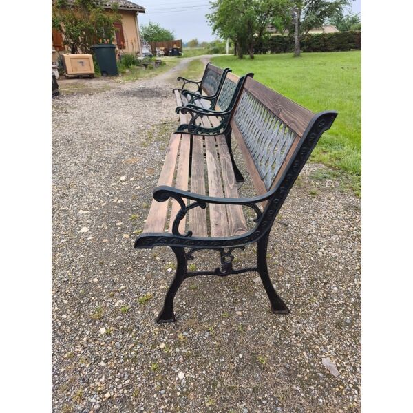 Salon de jardin, 2 bancs et fauteuil de jardin en fonte et bois