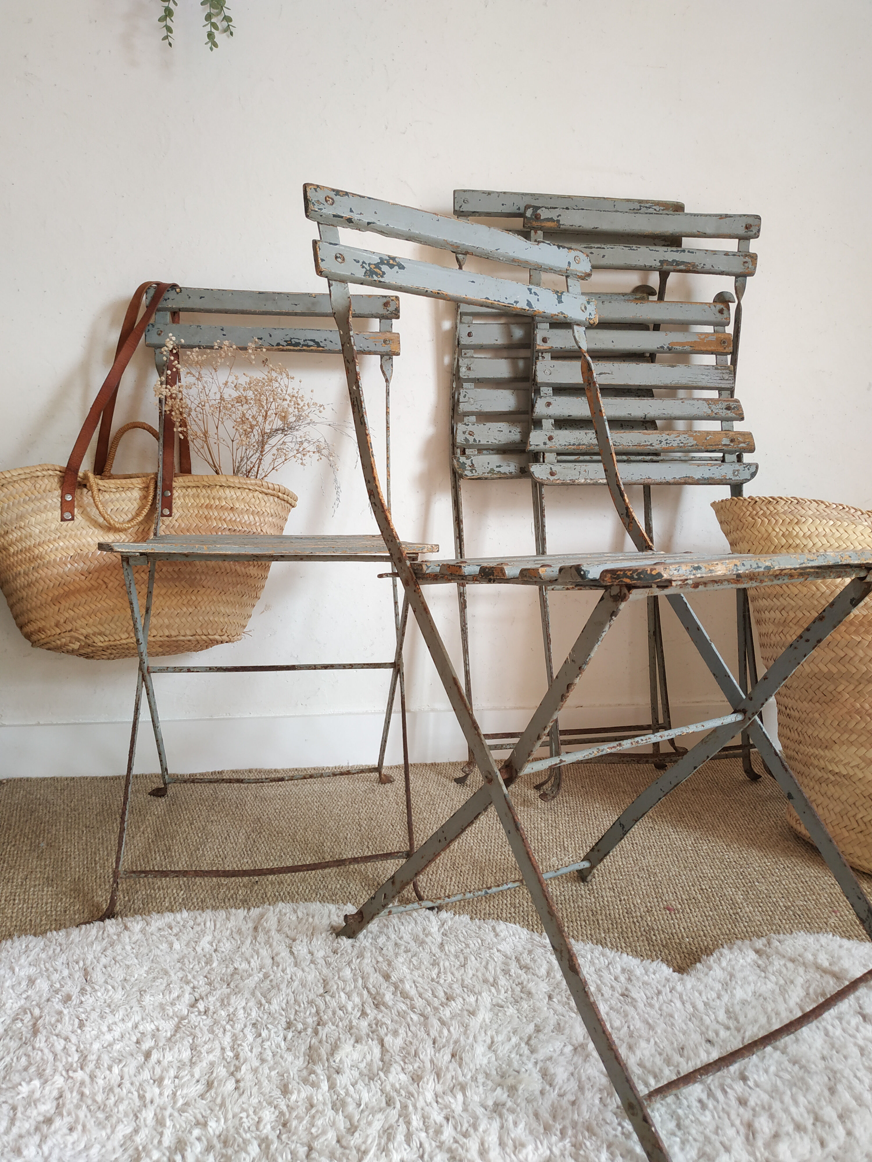 Patinated garden folding chairs - metal and wood -