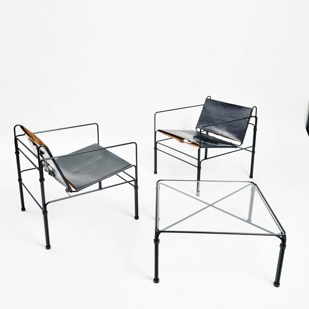 Black modernist design lounge set by Jan van Opzeeland in leather and steel bar, Netherlands, 1980s