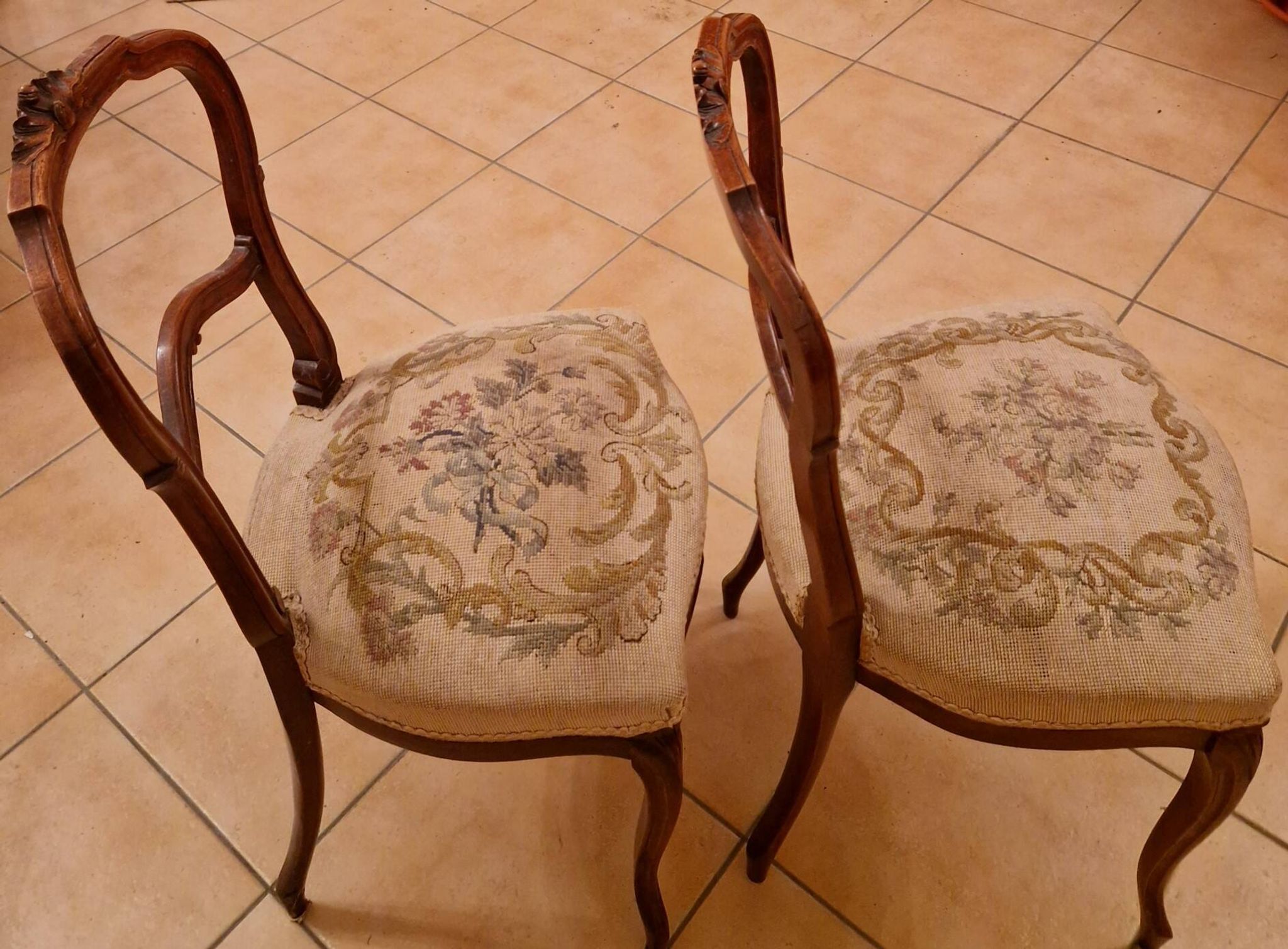Pair of Louis XV chairs – carved wood & antique upholstery – late 19th century