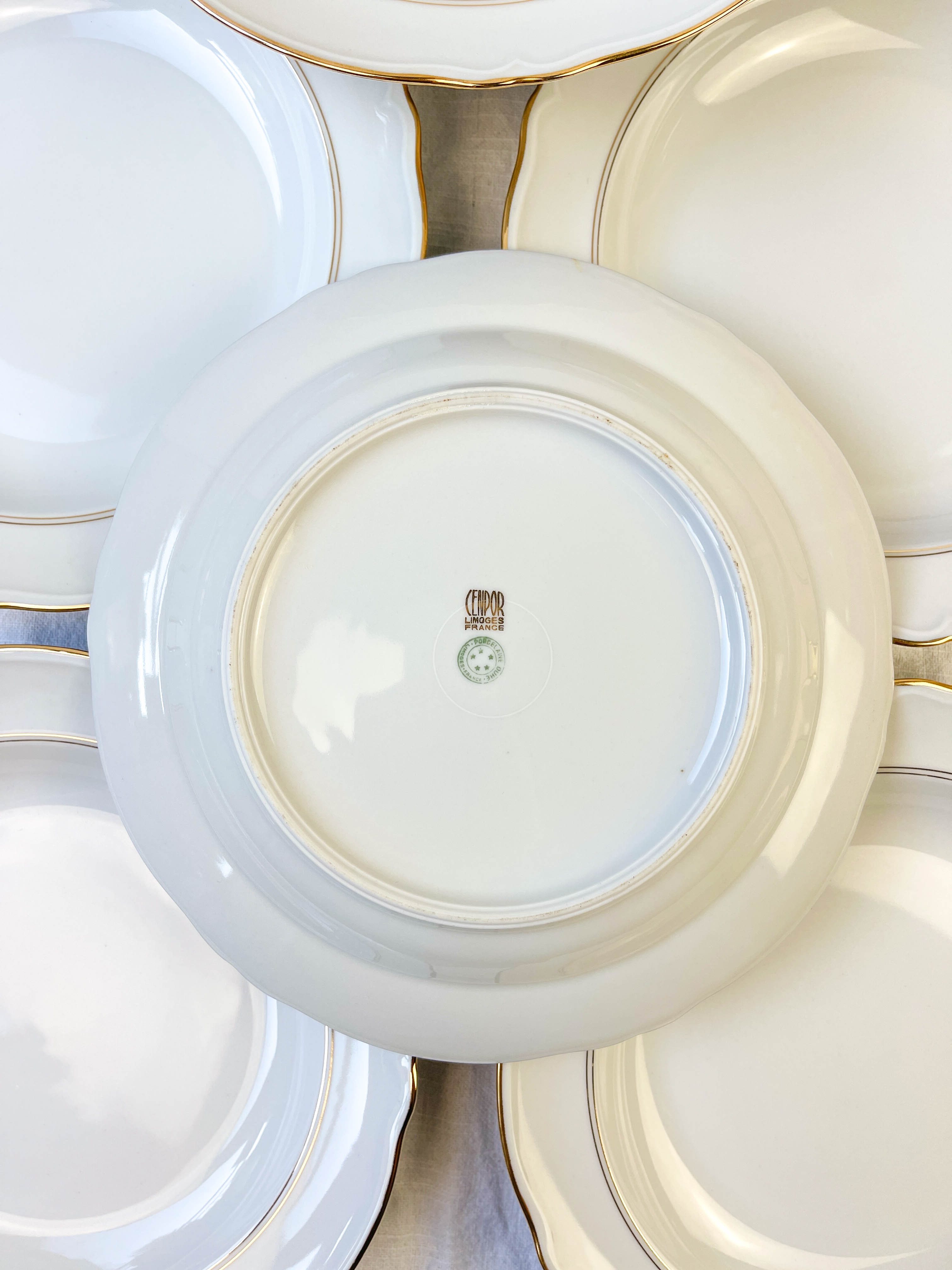 8 assiettes creuses porcelaine blanche doré cenpor limoges