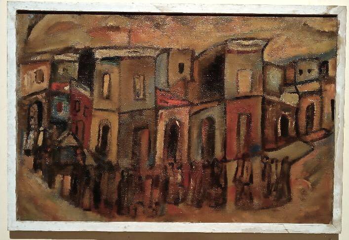 Oil on canvas "Funerals in Syracuse" by Ferruccio Ferri - Exhibition Gulf of La Spezia, 1940s