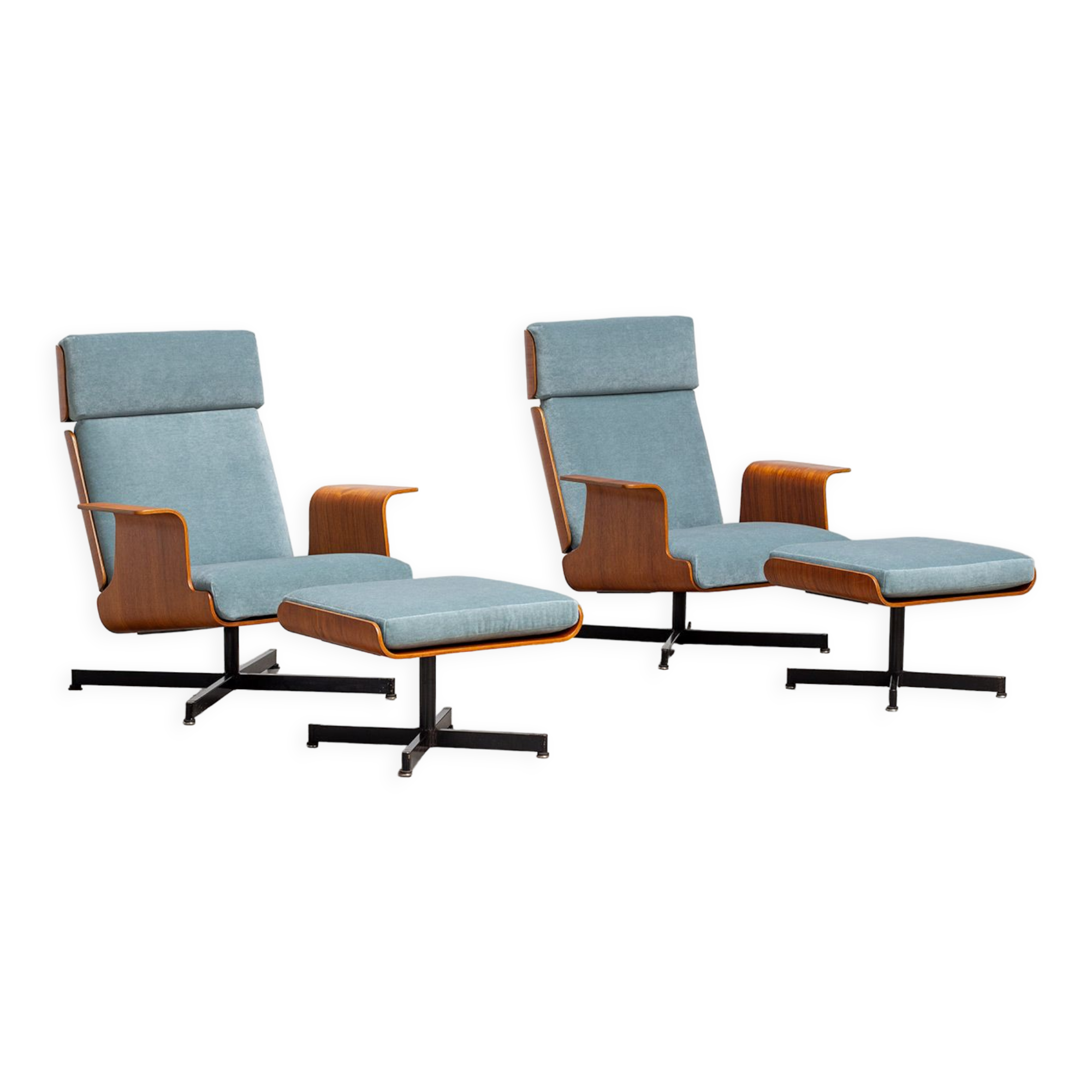 Pair of modernist teak lounge chairs and poufs 1960