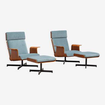 Pair of modernist teak lounge chairs and poufs 1960