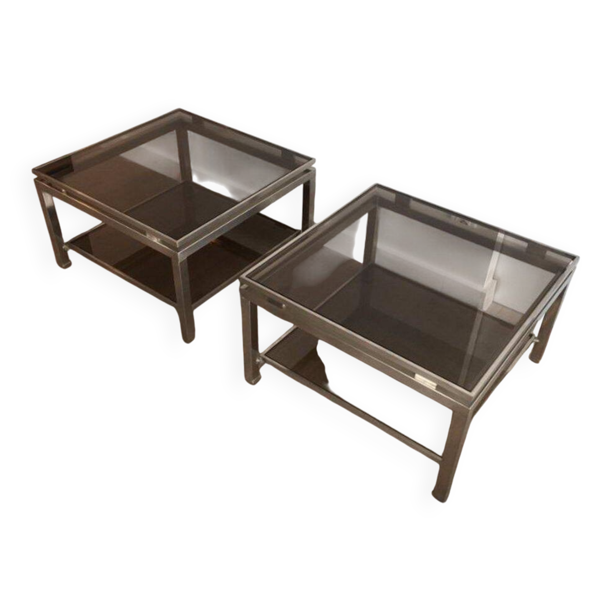 Pair of side tables in brushed steel. Guy Lefèvre for Maison Jansen