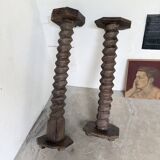 Paire de piédestal colonnes vis de pressage chêne 1900
