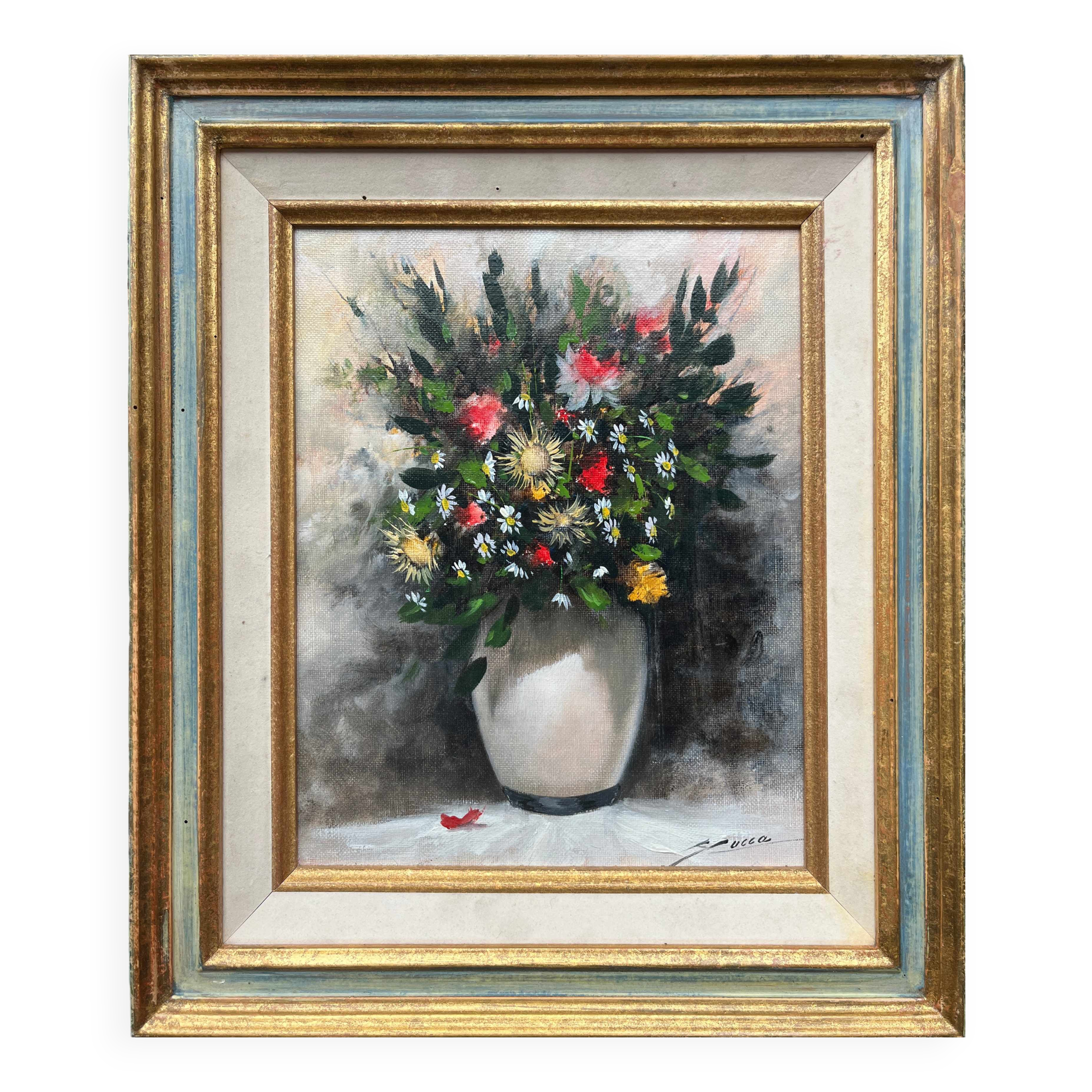 HST painting "Bouquet of wild flowers" signed Serge Cucca (1946) + frame