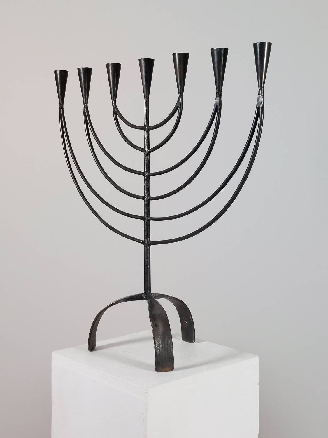 Vintage Swedish Menorah candle holder, hand-forged, in brutalist style.