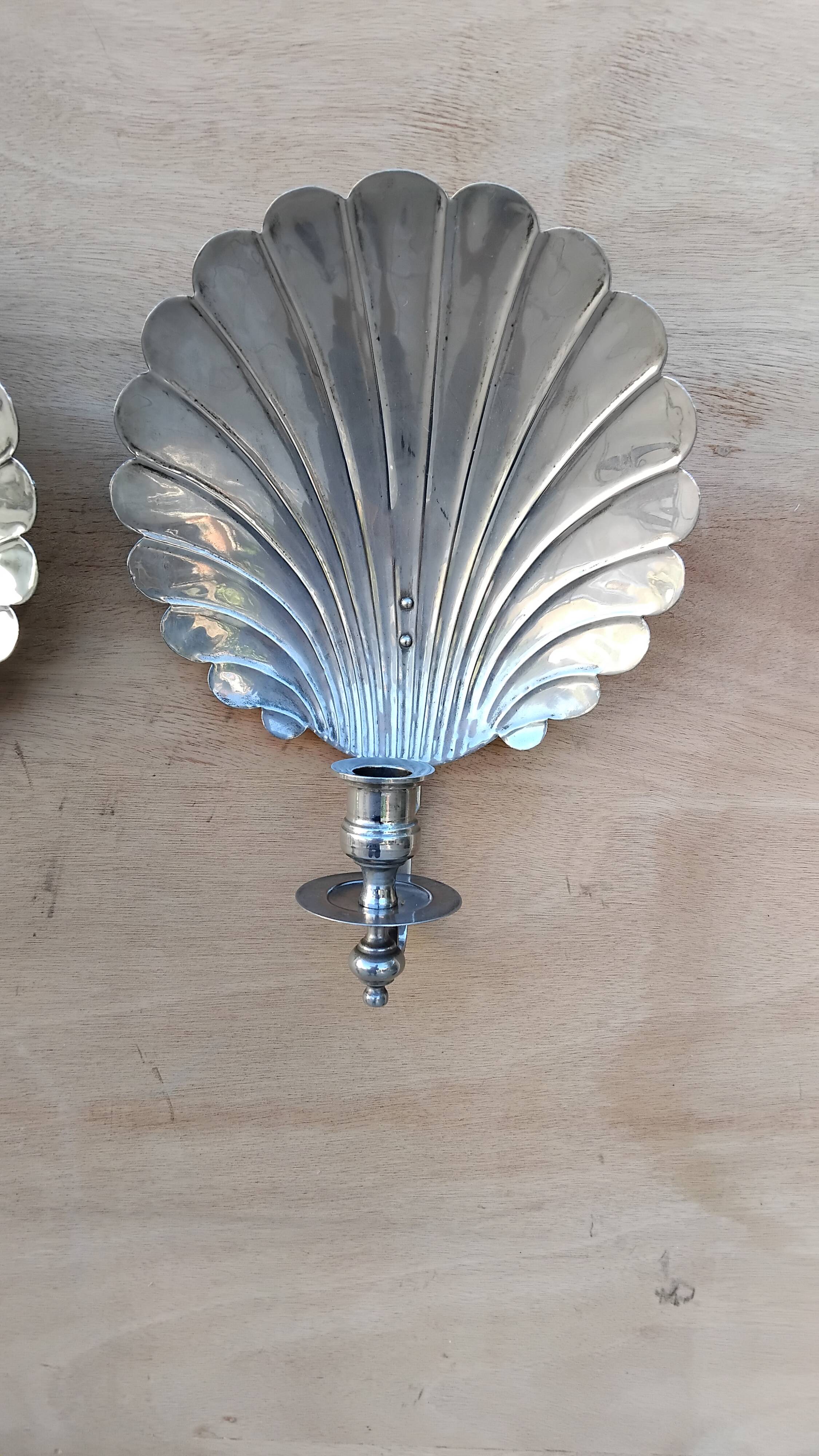 Pair of vintage silver-plated scallop shell wall candle holders