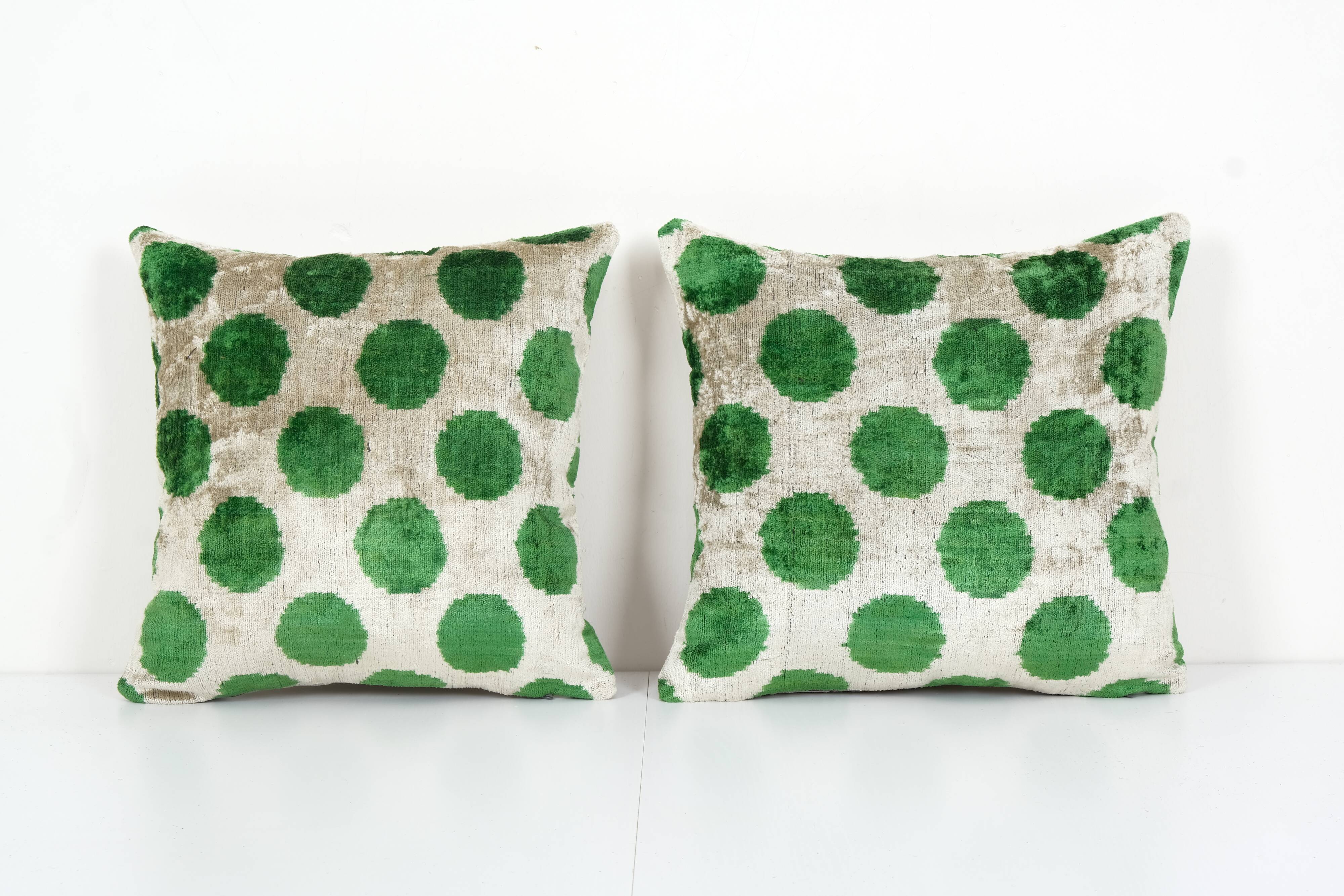 Decorative Pillows Covers, Set of Two Soft Velvet Silk Pillow, Pair Green İkat Velvet Pillow Cover