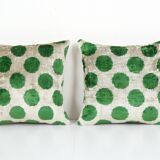 Decorative Pillows Covers, Set of Two Soft Velvet Silk Pillow, Pair Green İkat Velvet Pillow Cover