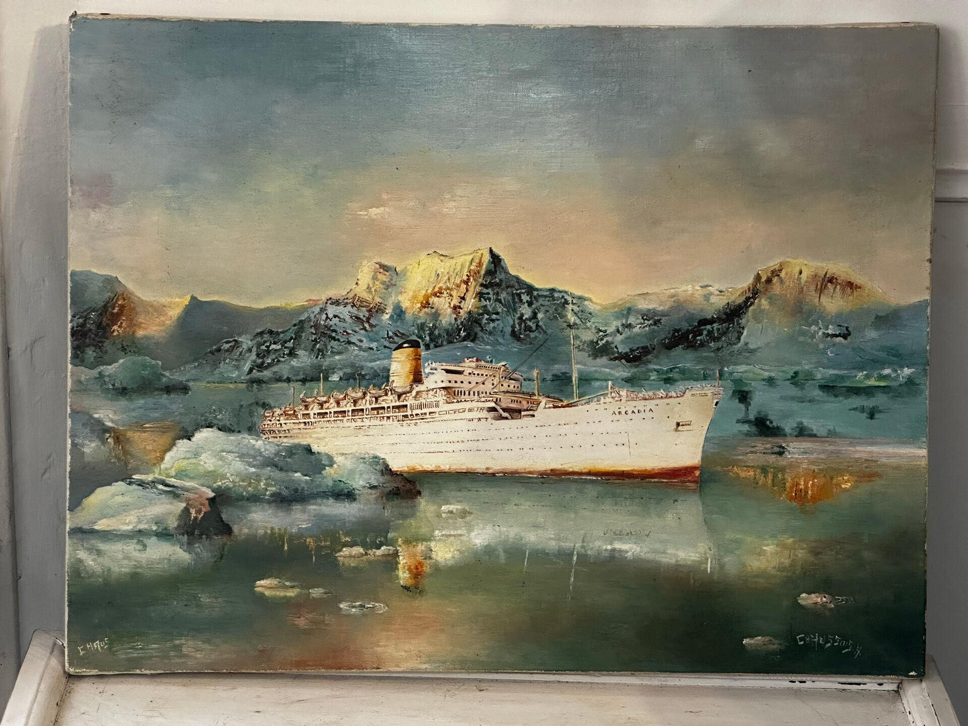 Oil on canvas Alain Chaussois (1950-2018) – Ocean liner Arcadia in the