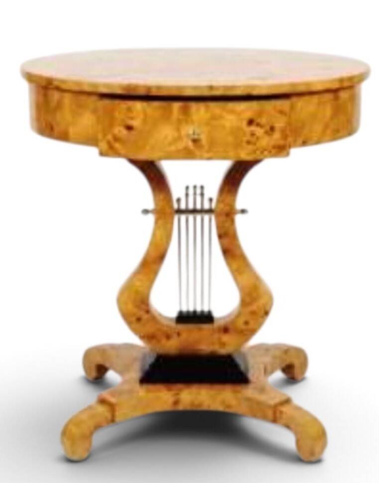 Guéridon rond Empire en bois de hêtre & loupe d'orme, 1 tiroir