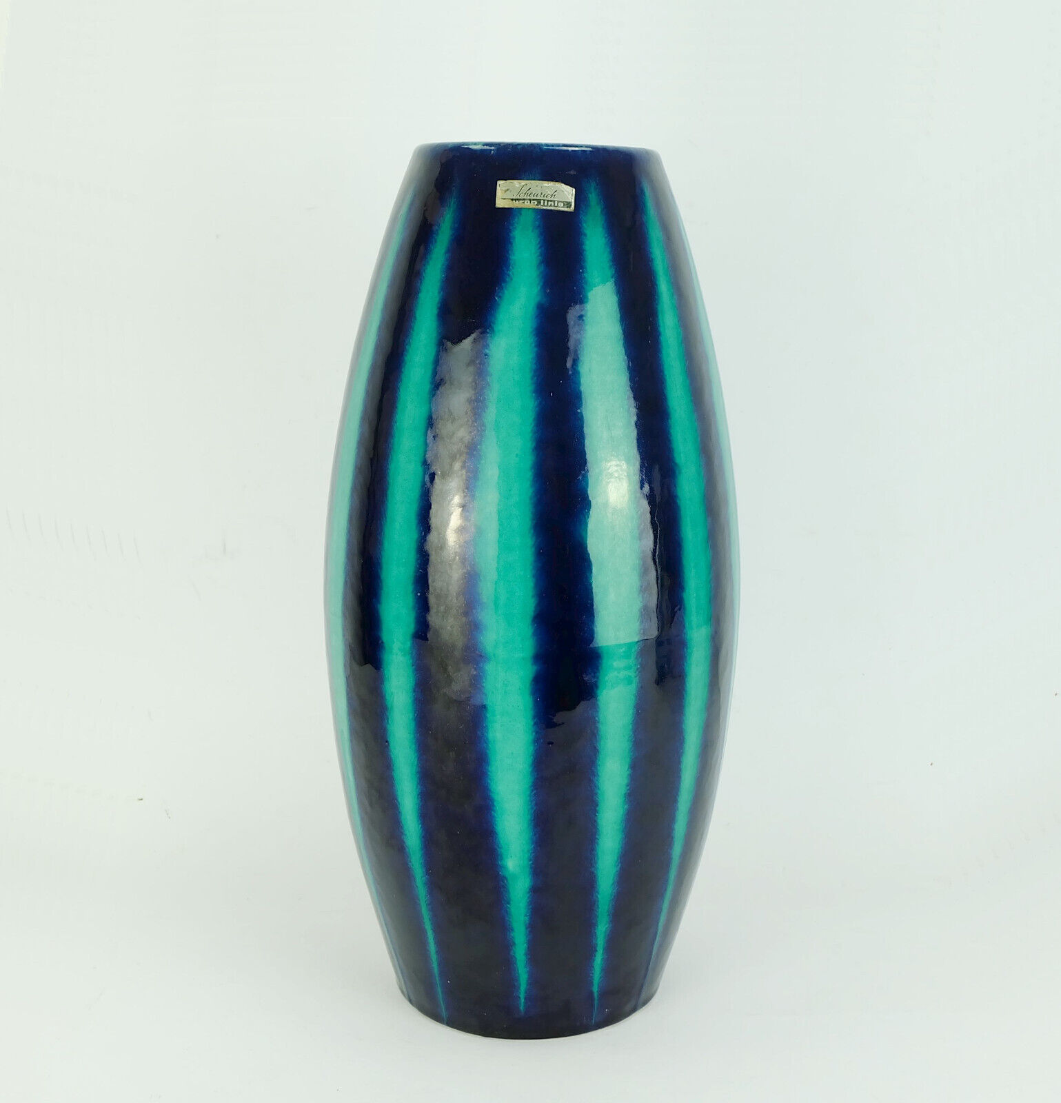 Scheurich europ-line mid century vase model 248-38 with stripe pattern in blue and emerald green