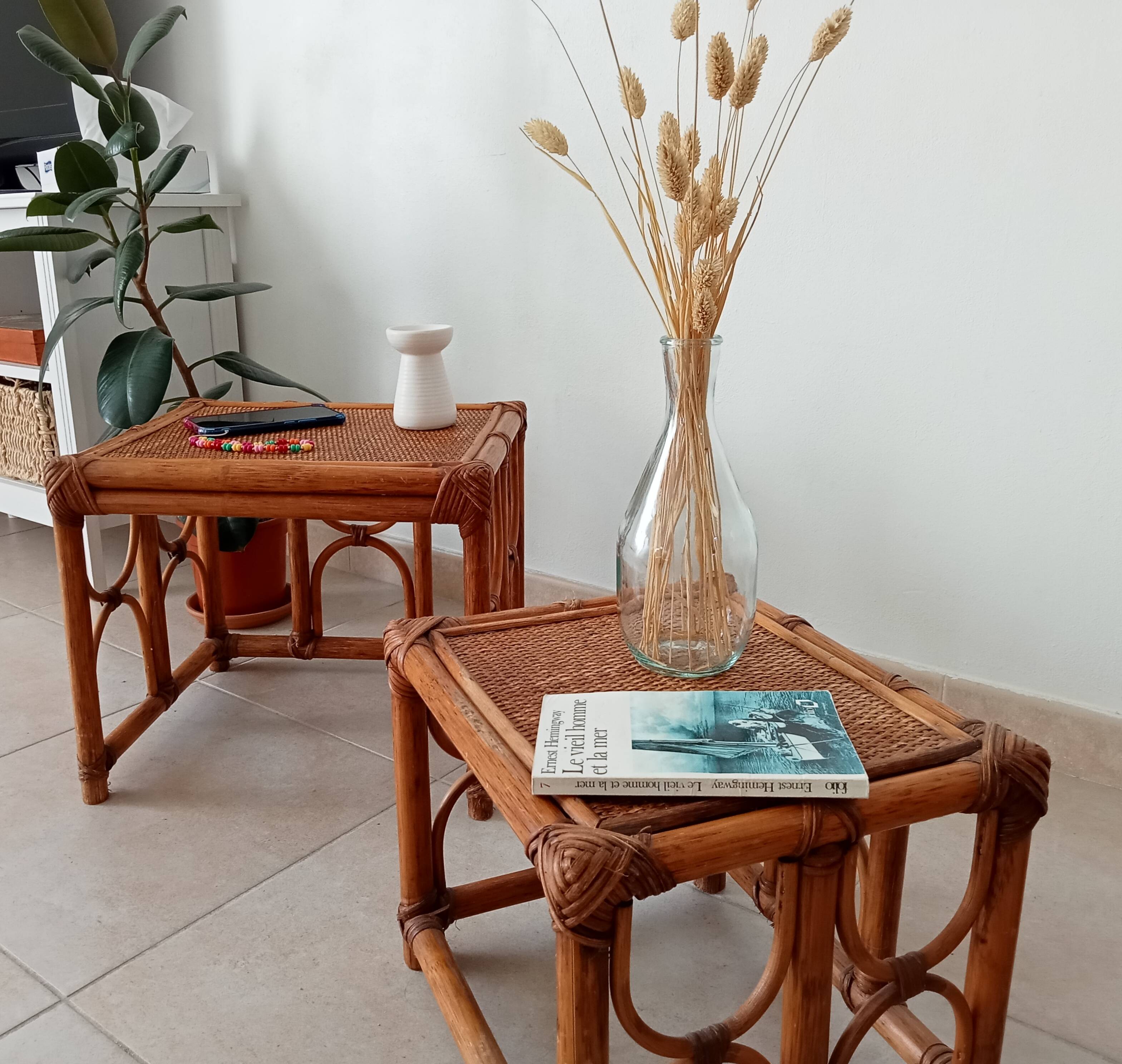 Set of 3 vintage nesting tables in bamboo and woven rattan