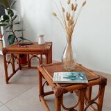 Set of 3 vintage nesting tables in bamboo and woven rattan