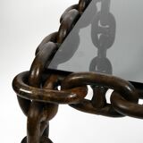 1970s XL Coffee Table Made of Nautical Iron Chain and a Thick Smoked Glass