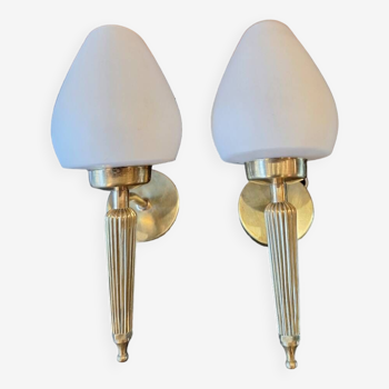 Pair of white glass brass wall lights