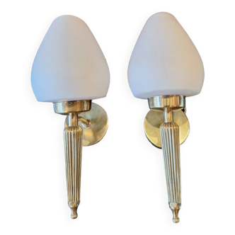 Pair of white glass brass wall lights