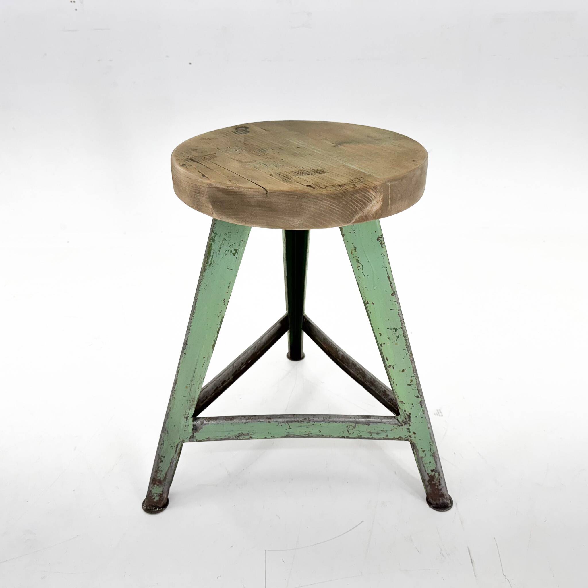 Vintage industrial steel & wood tripod stool, 1950's