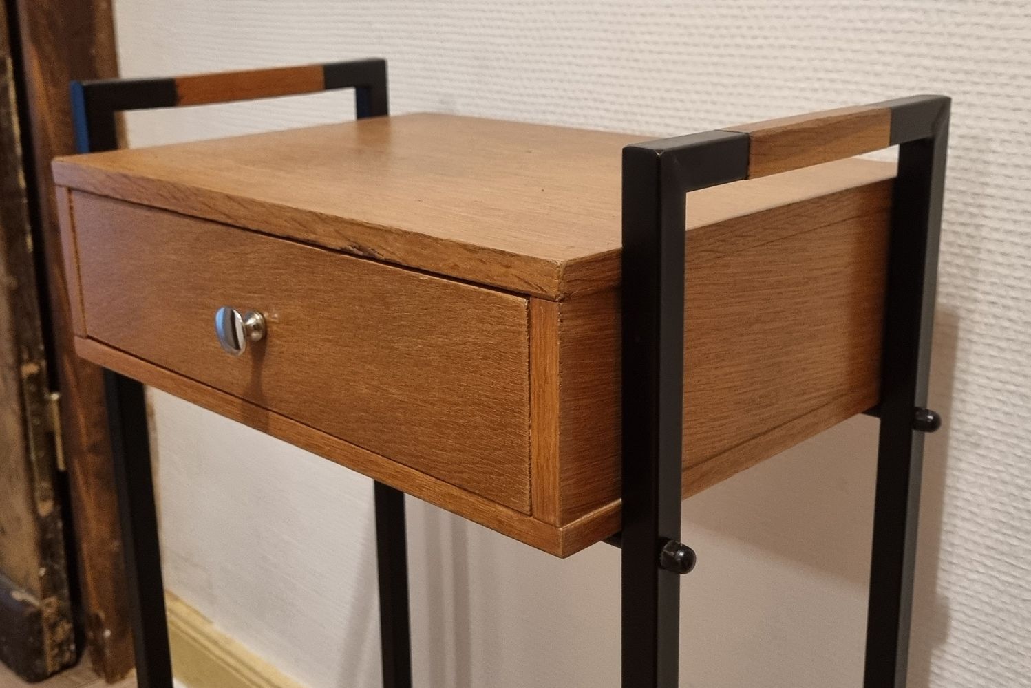 Bedside table, wood and metal, vintage, 60s