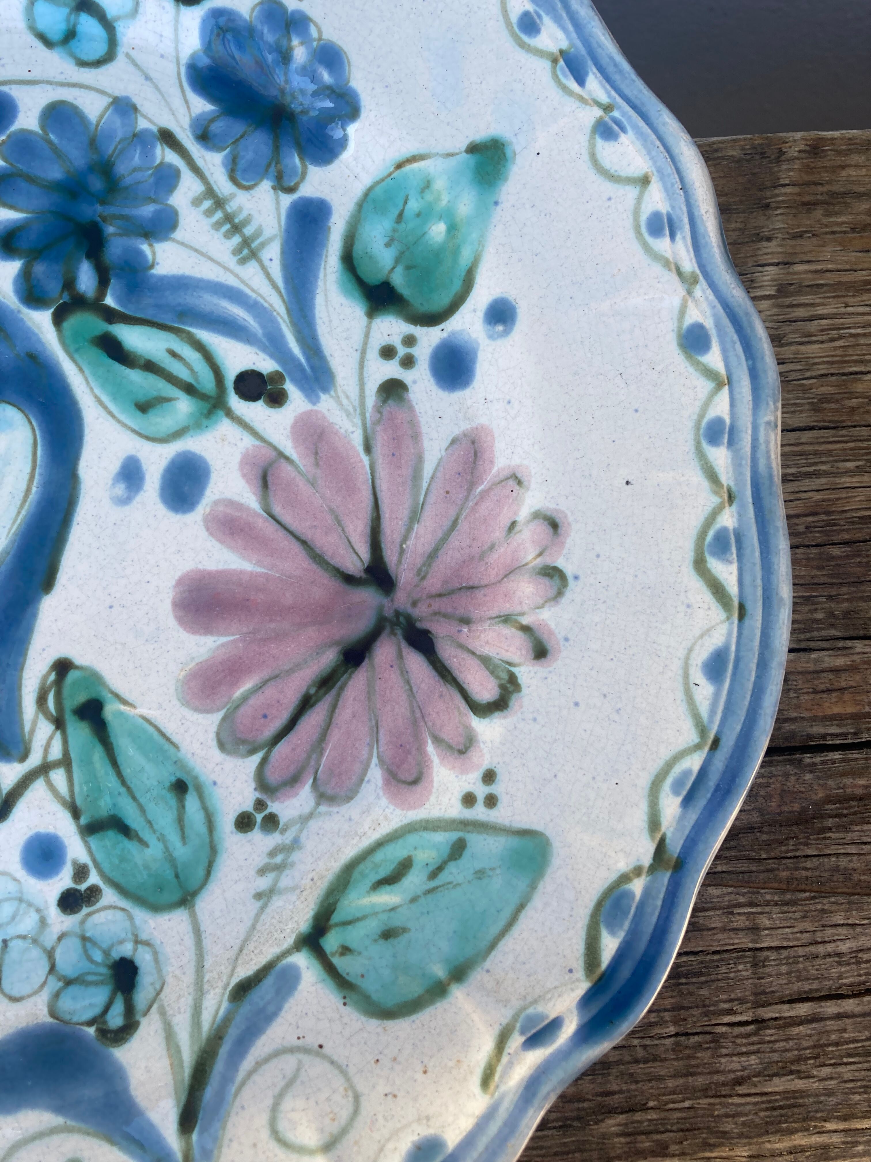 Decorative plate decorated with bird and flowers blue and pink vintage