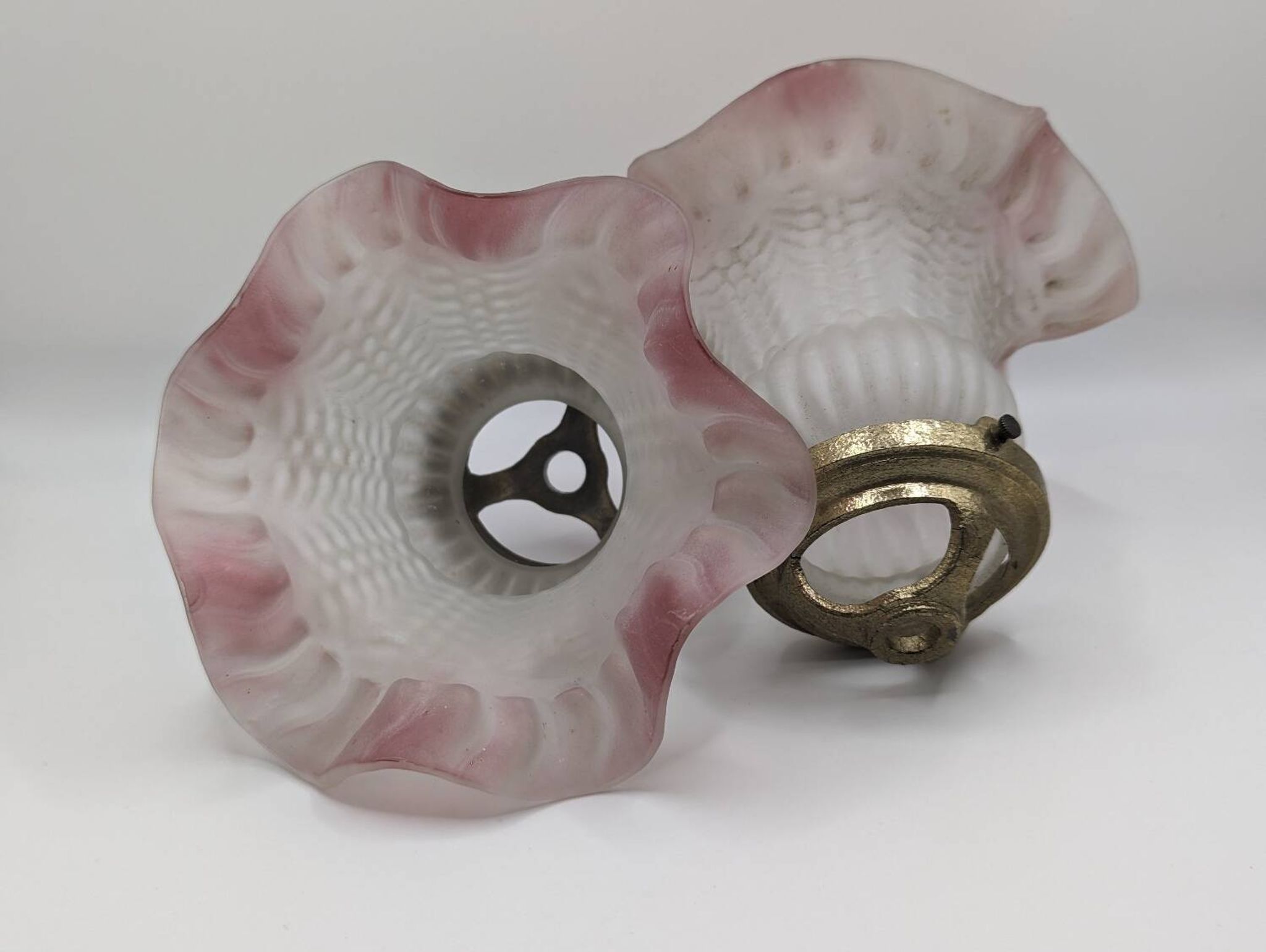 Pair of frosted glass tulips with pink edges, claws included