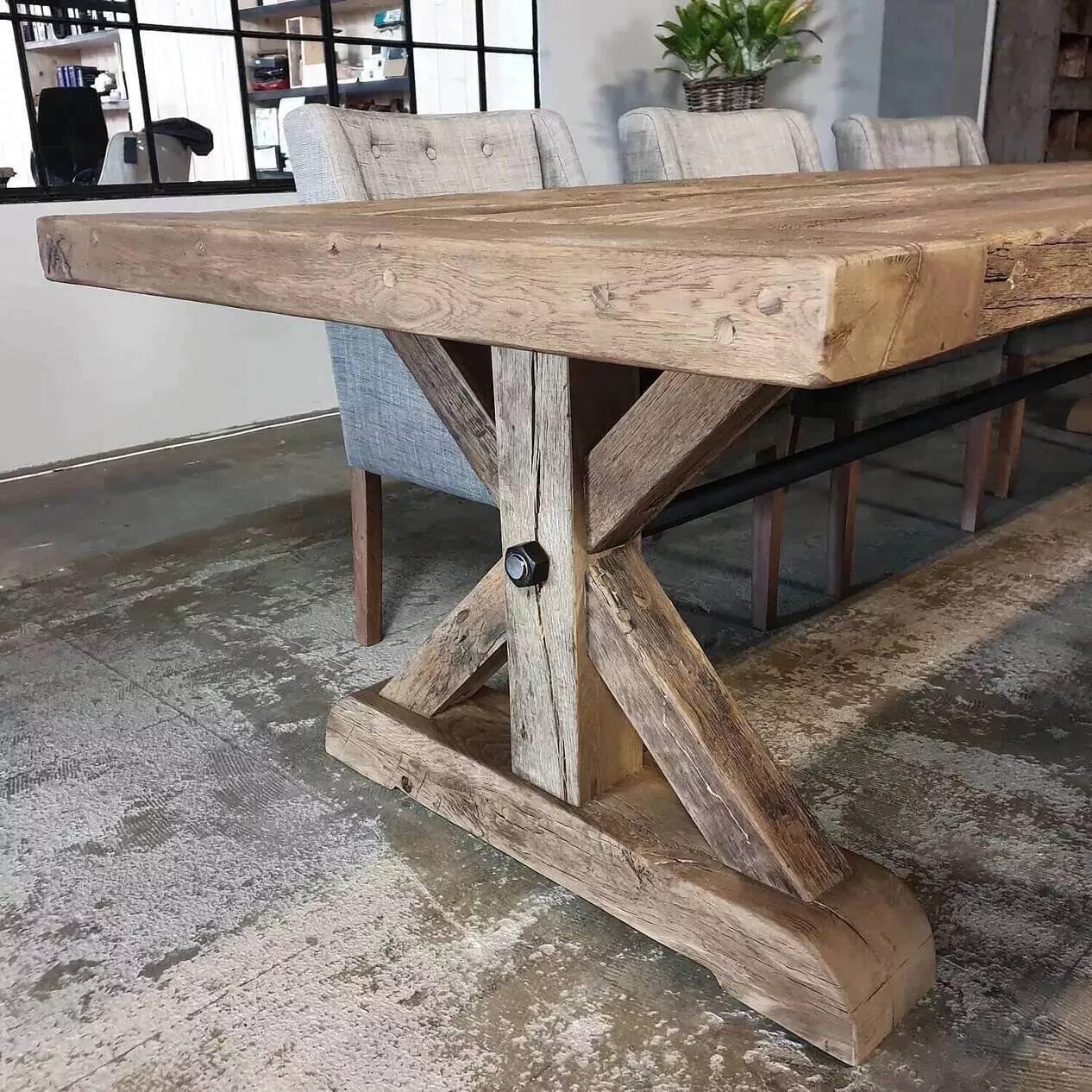 Antique solid oak table with farmhouse style star legs - length
