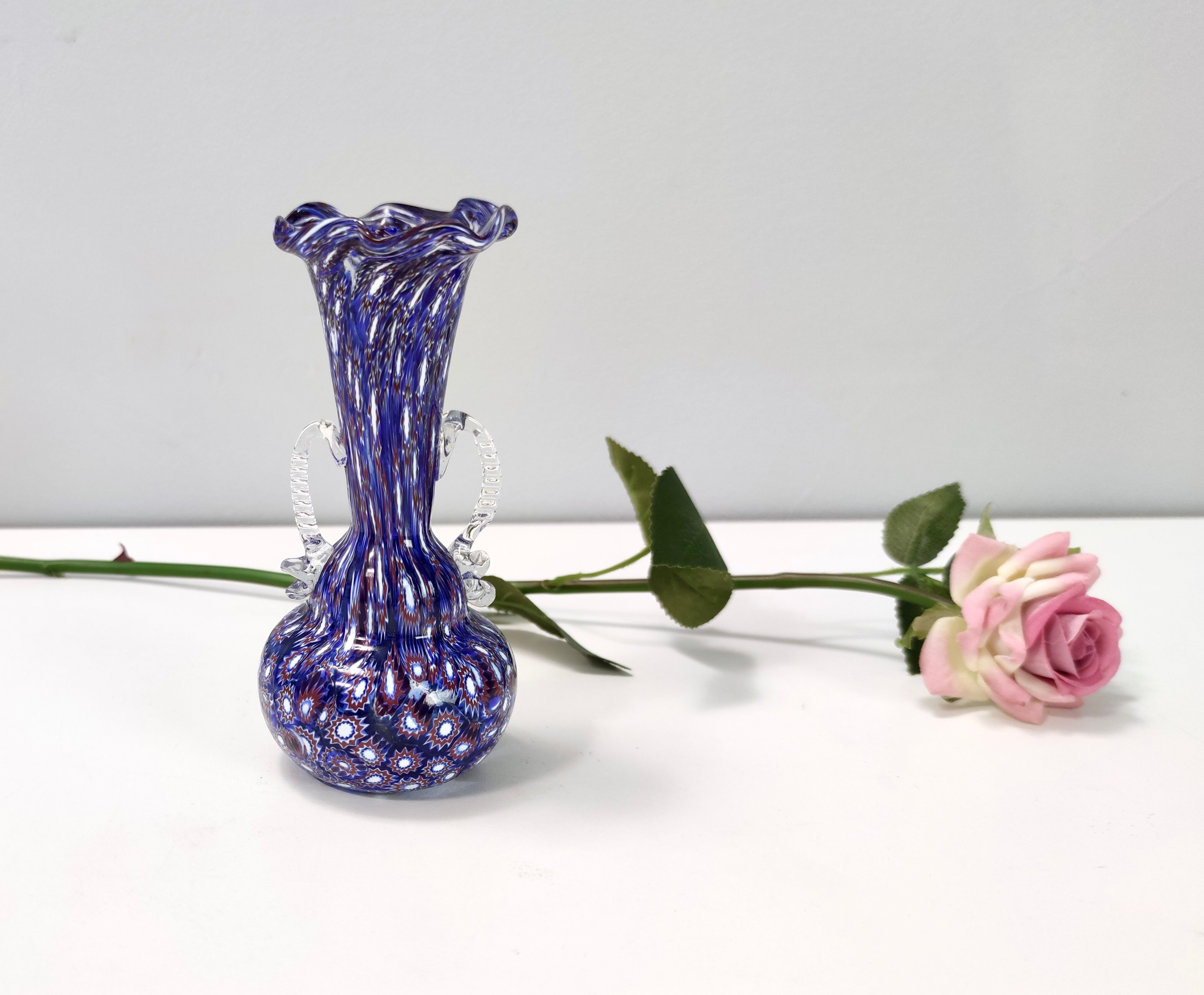 Blue murano glass vase ascribable to fratelli toso with murrines, italy