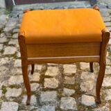 Tabouret de piano Louis XV bois massif chêne et tissu orange