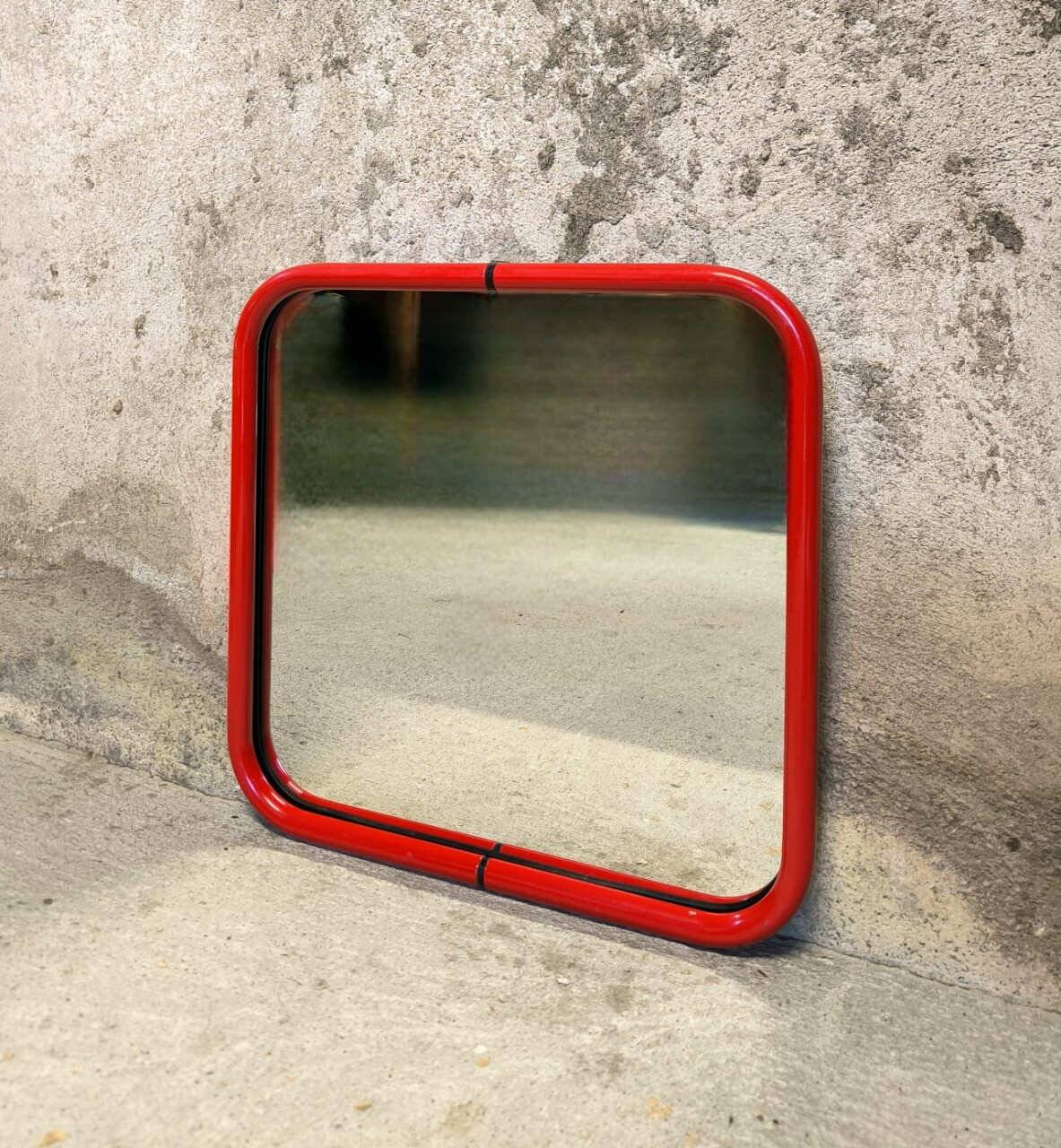 Vintage post-modern lacquered red metal mirror