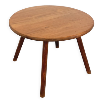 Vintage round brutalist coffee table in solid oak wood from the 50s