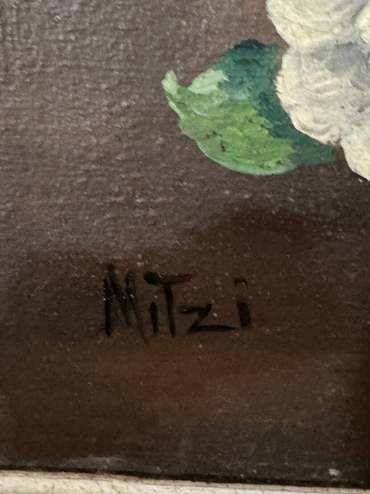 Oil on canvas by Mitzi 20th century still life bouquet of flowers whitewashed frame