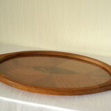 Oval wooden tray with glass and artisanal marquetry from the 70s.