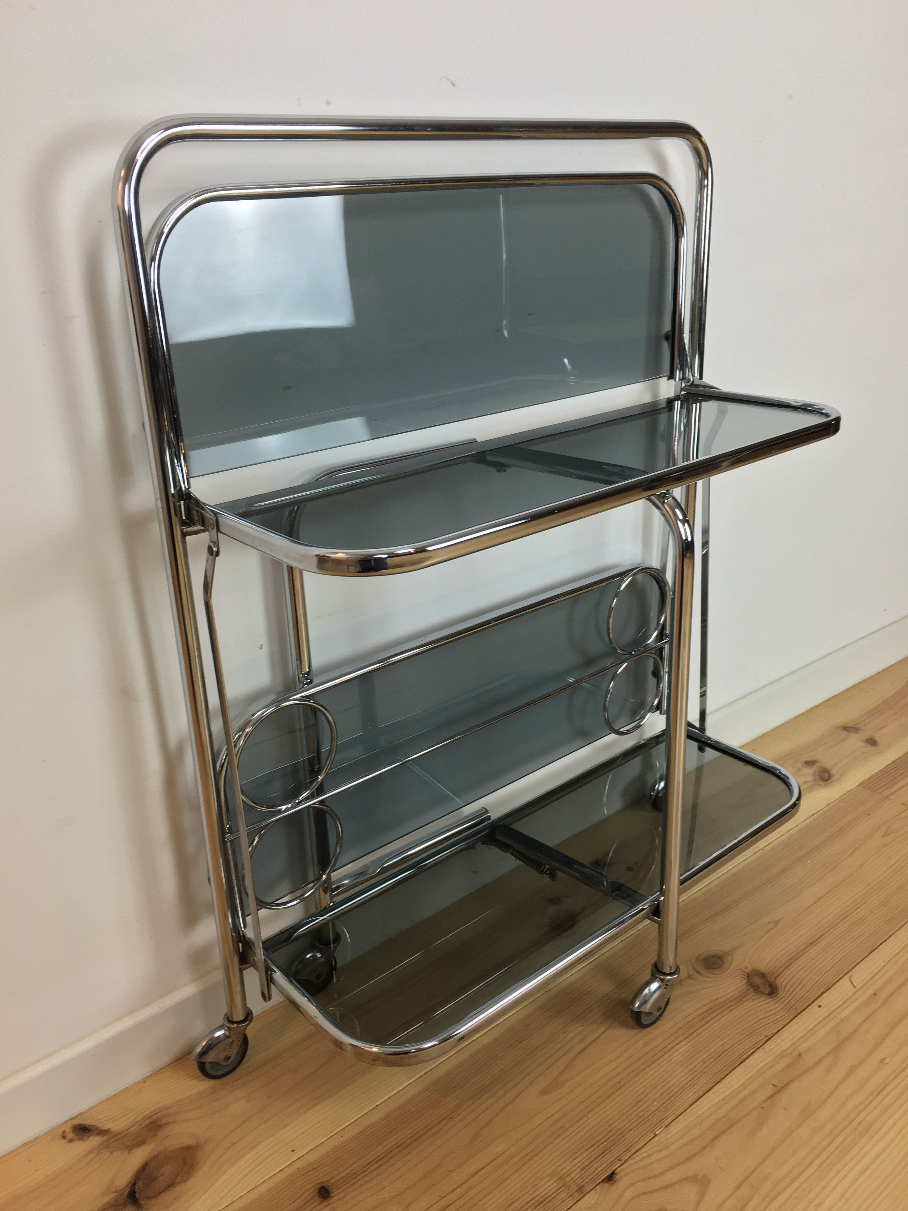 70s chrome folding dessert, smoked glass bar