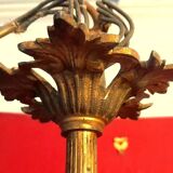 Ancien Lustre Bronze / laiton 3 tulipes en verre opaque , transparent , vintage