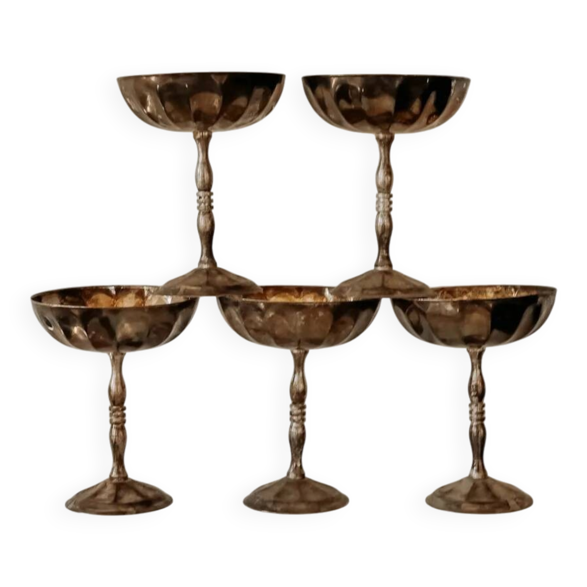 Coupes à champagne vintage en argent plaqué avec intérieur plaqué or — ensemble de 5