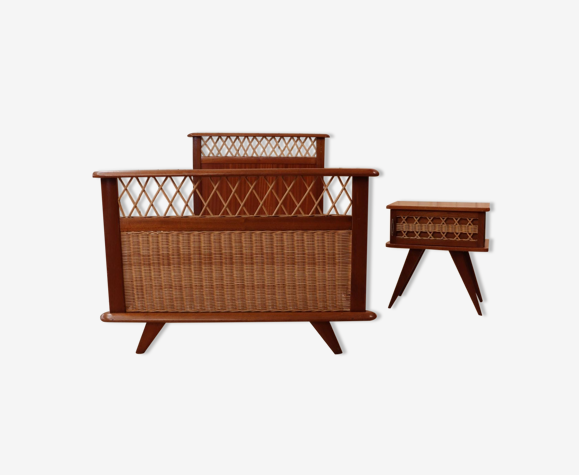 Chambre bois & rotin et table de nuit