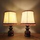 Two wooden bedside lamps, pagoda lampshades imitation leather, rustic chic.