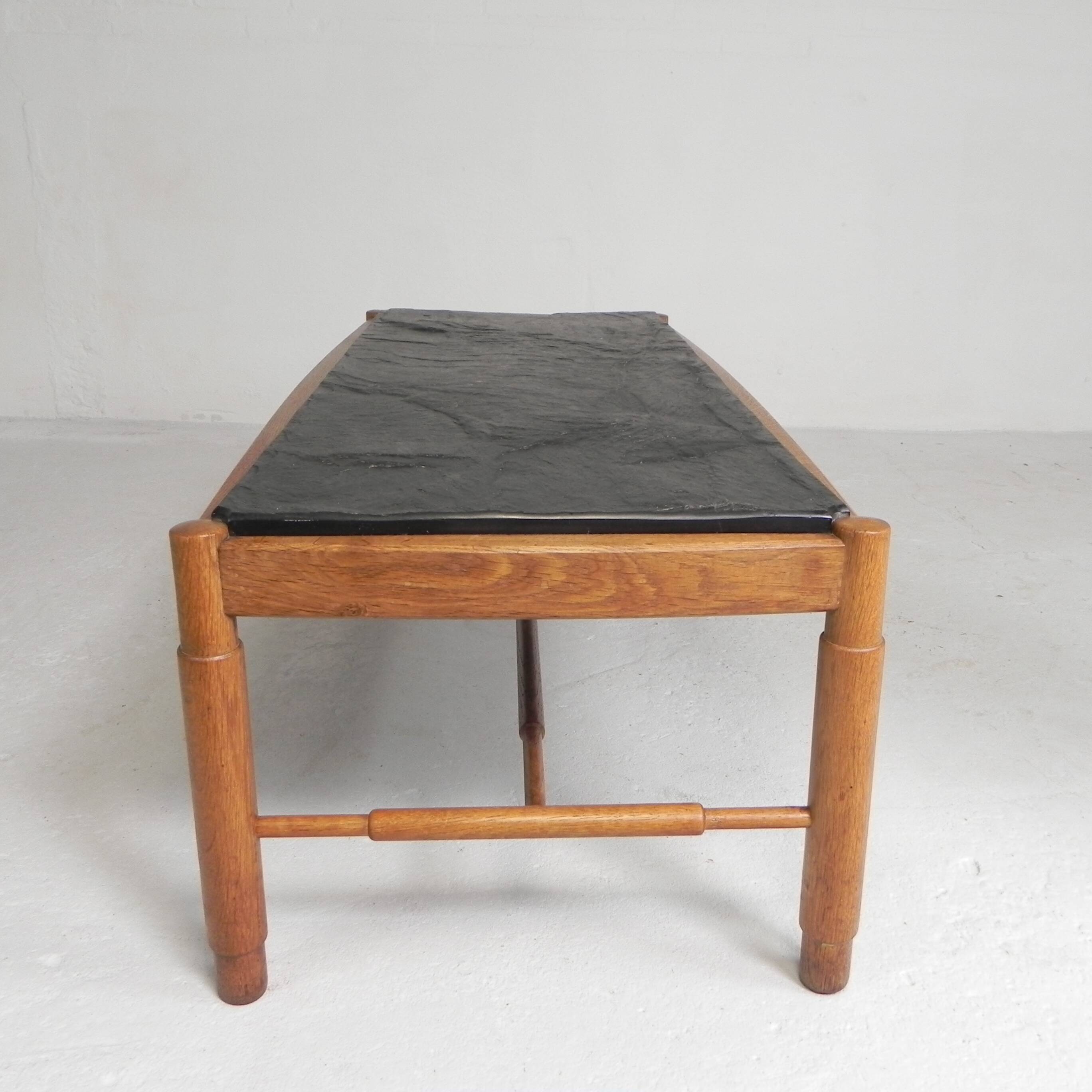 Vintage oak coffee table with a slate top in an oak frame, 1960s.