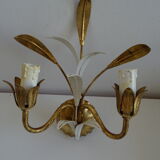Pair of golden metal wall lights with vintage foliage flower decor